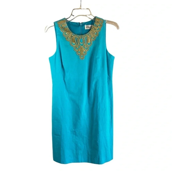 ELIZA J Linen Blend Turquoise Shift Dress Lined Gold Collar Applique Size 4 - Picture 1 of 10